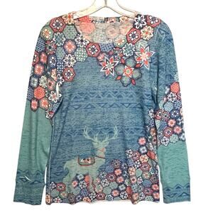 Sundance Whimsy Rose Reindeer Top Womens Medium Baby Waffle Snowflake Thermal